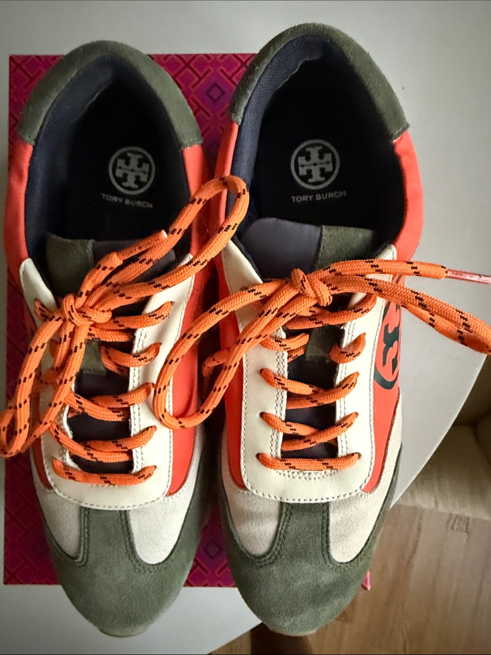 Tory Burch Orange, Olive & Cream Logo Runner Sneakers - Picture 5 of 8